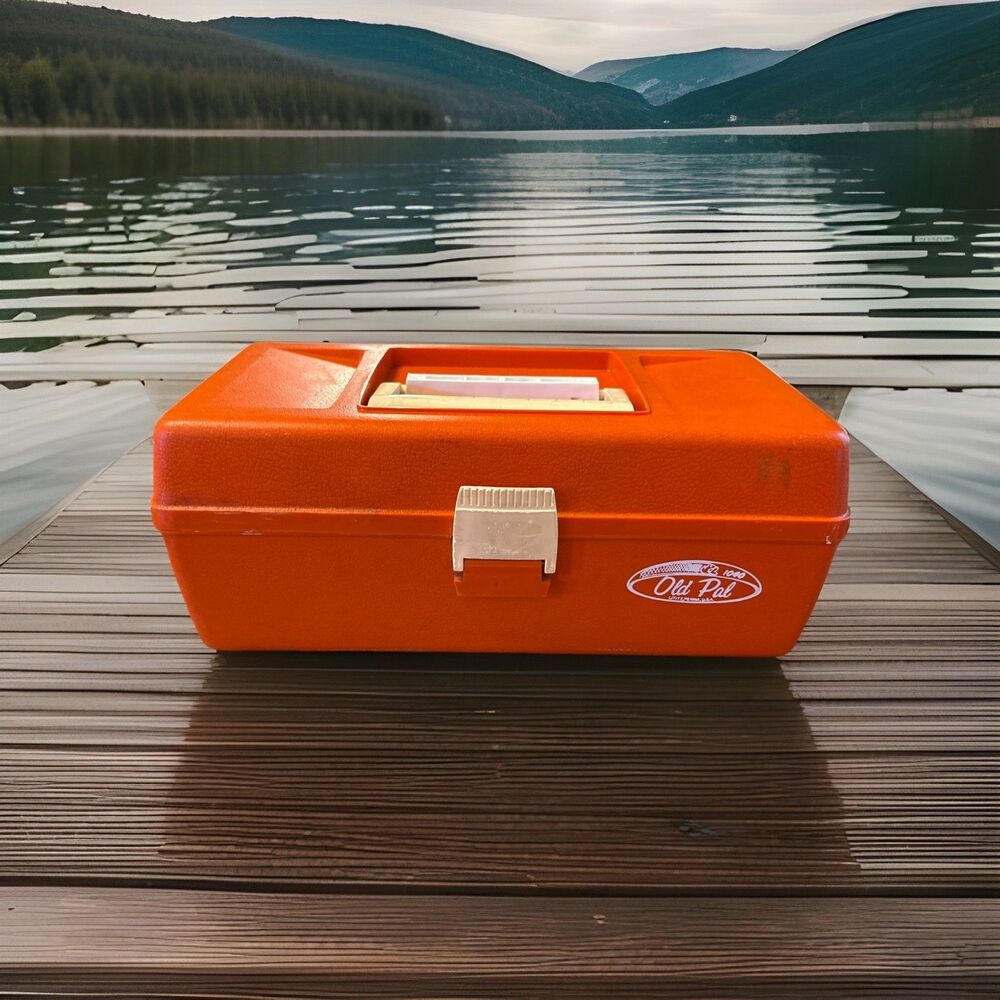 Vintage Old Pal Fishing Tackle Box Model 1040 White & Orange *STAINED*